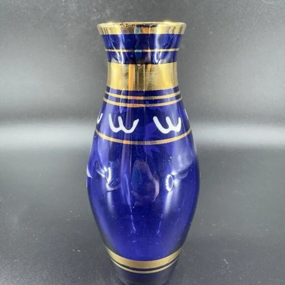 Vintage Bohemian‎ Art Glass Vase Vessel With Hand Painted Flowers Czech Vase VTG